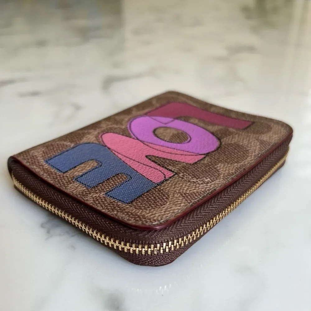 COACH Small Zip Around Wallet In Signature Canvas With Love Print 89564 Khaki